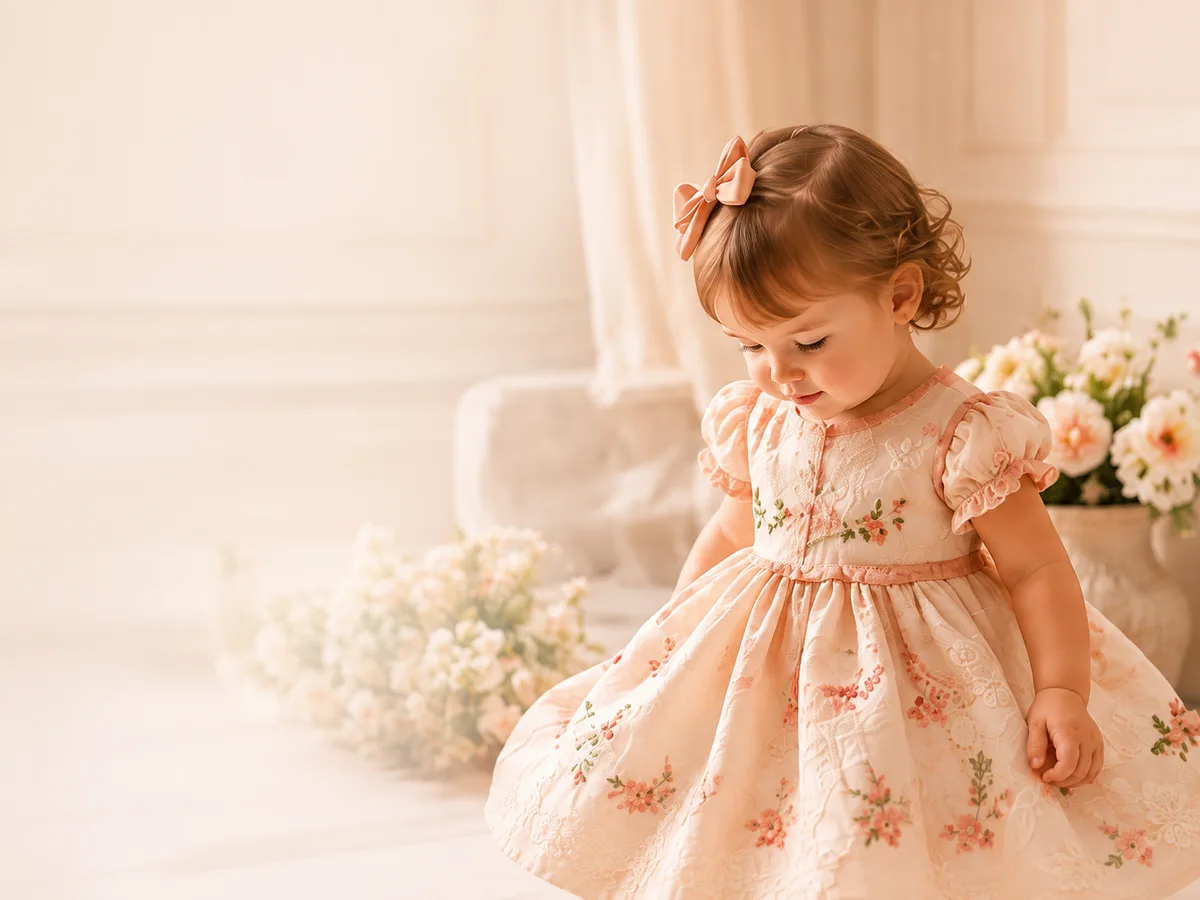 Menina com vestido infantil floral artesanal da Filó Rendeira